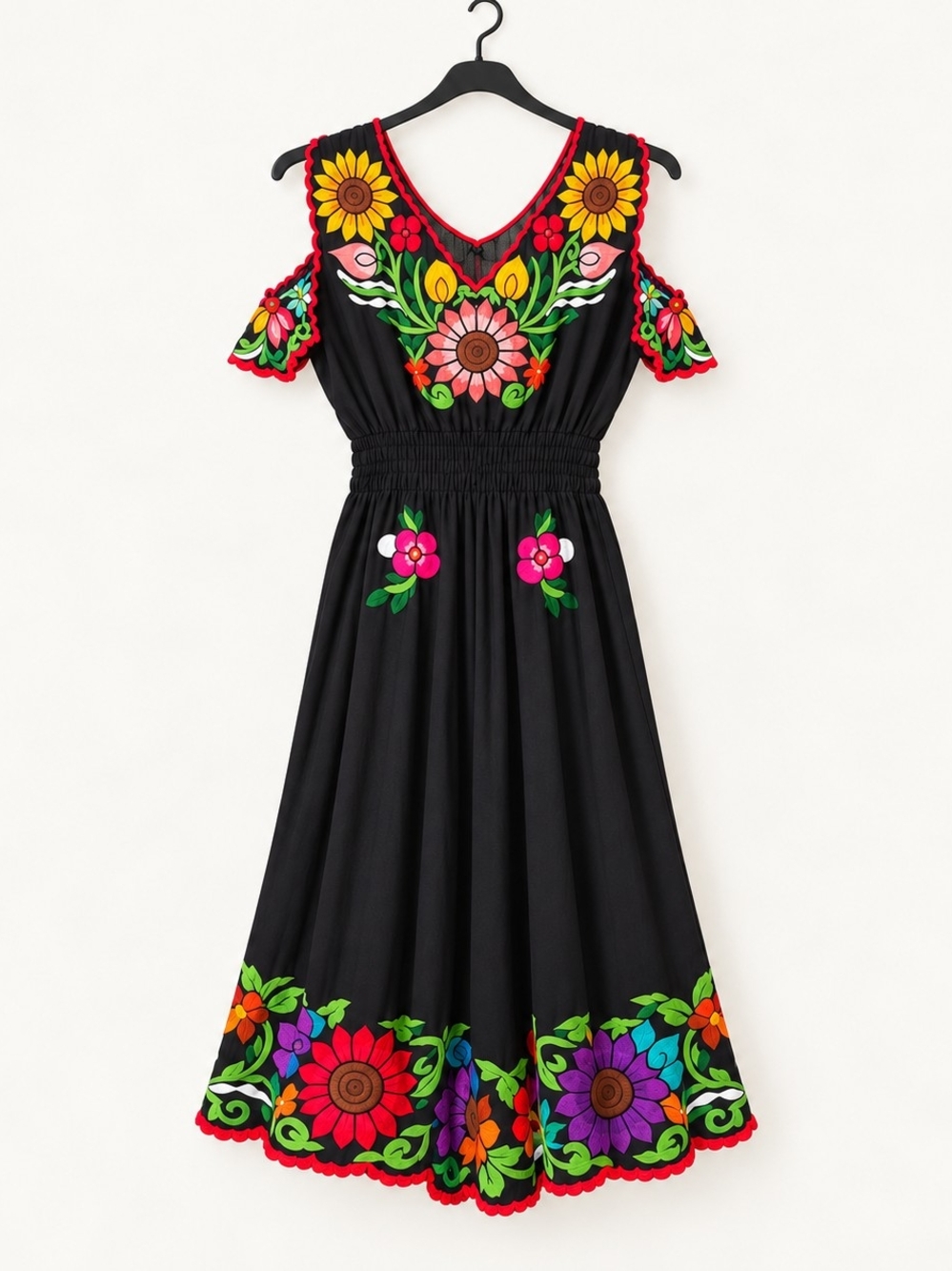LIKE NEW Mexican Black Floral Embroidered Cold-Shoulder Maxi Dress.